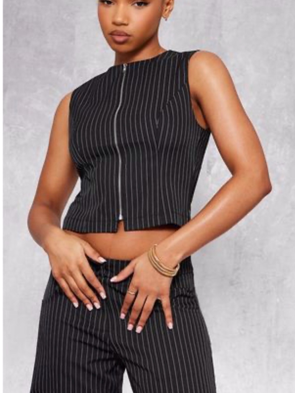 PrettyLittleThing Black Premium Pinstriped Woven Zip Up Detail Sleeveless Top